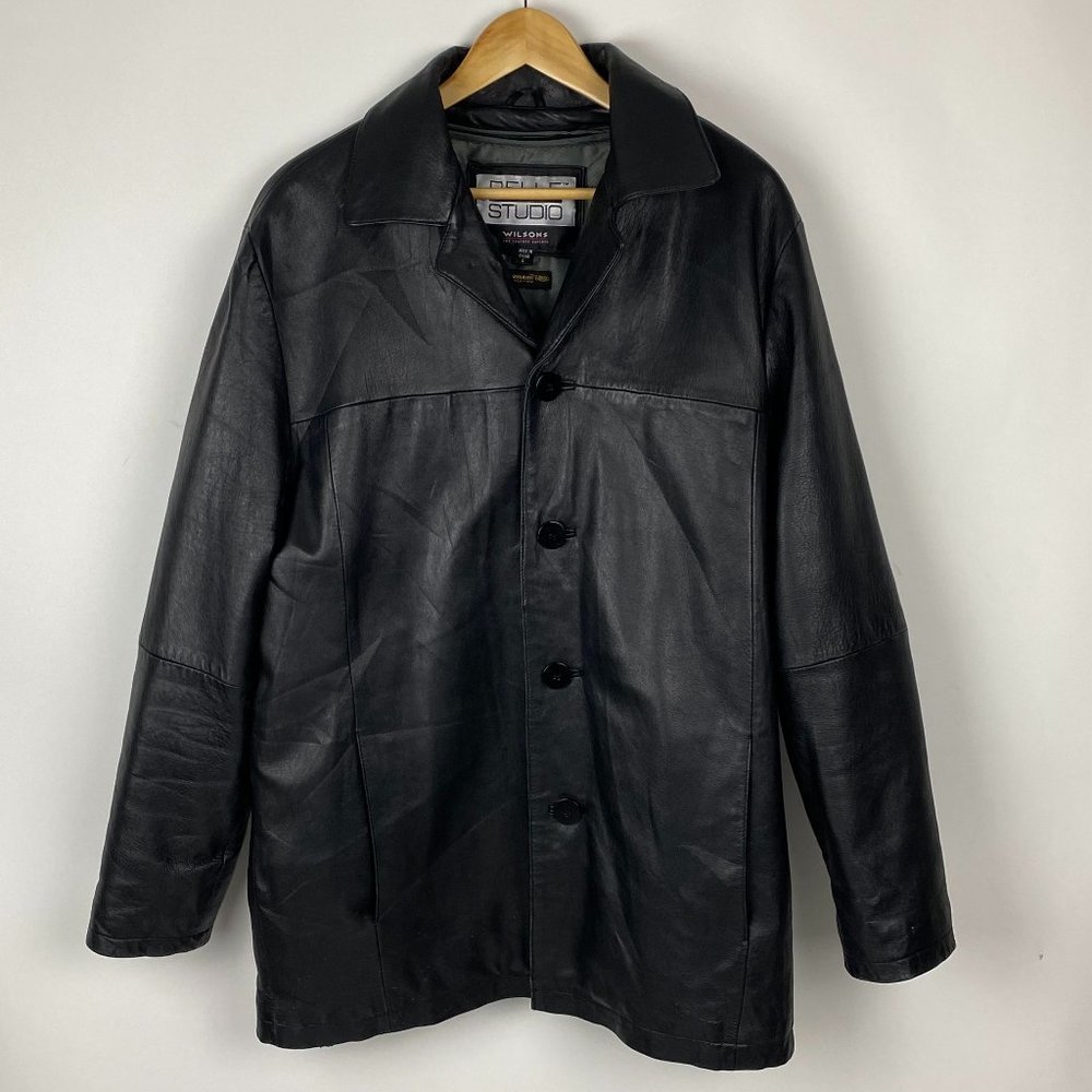 Wilsons Leather Pelle Studio Leather Jacket Mens Large Black Btn Front Over Coat